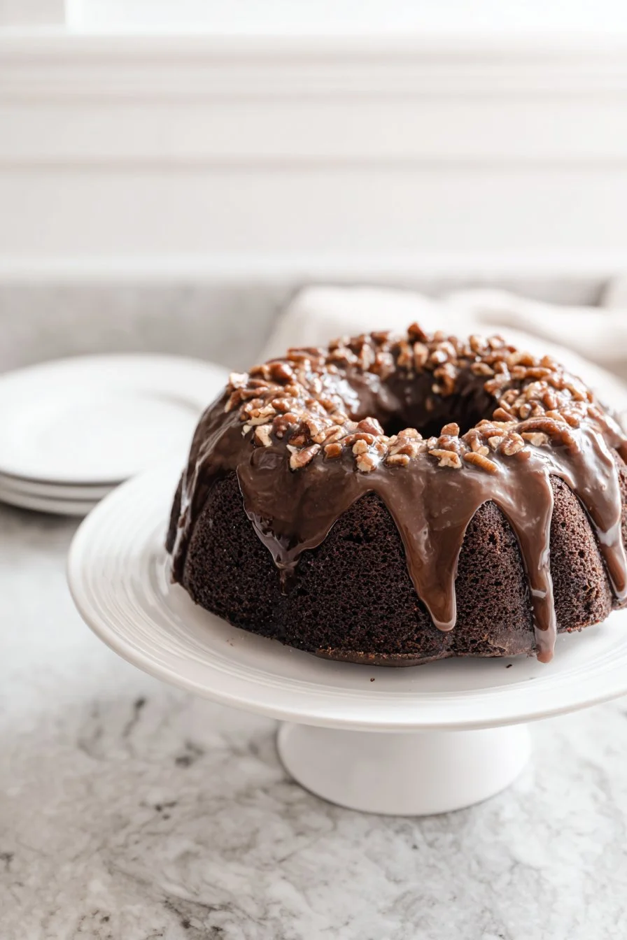 Delicious homemade chocolate bundt cake with chocolate icing and decorative sprinkles