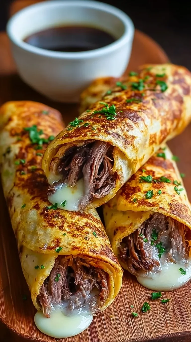 Sliced French Dip Tortilla Roll Ups served with a small bowl of au jus dipping sauce.