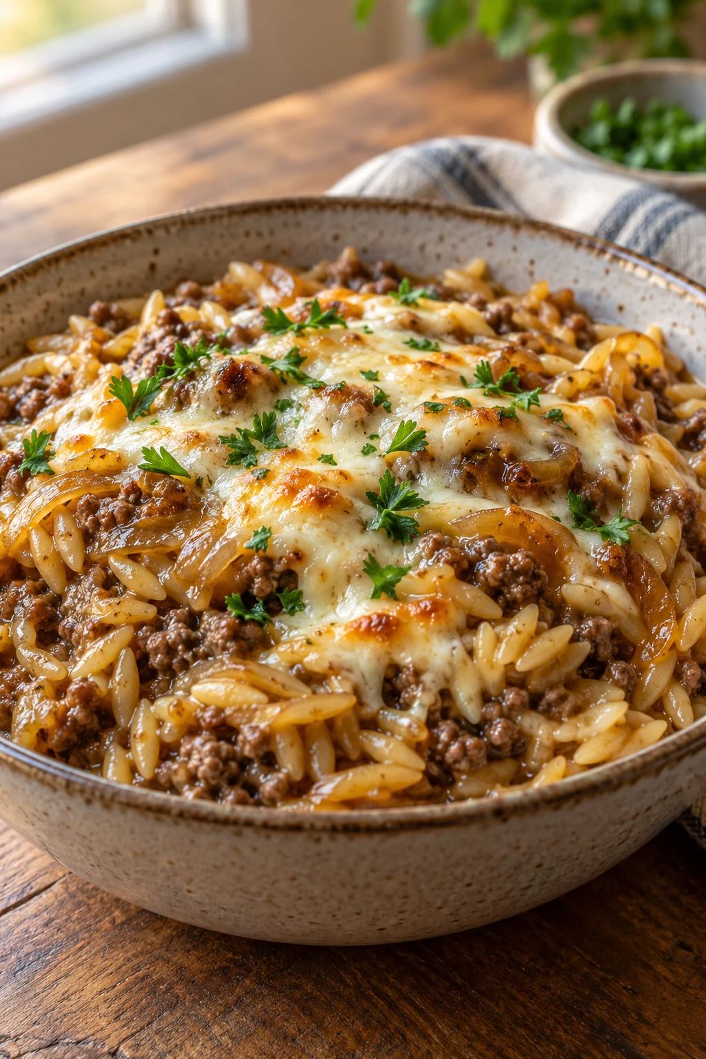Bowl of French onion beef and orzo with melted mozzarella and parsley