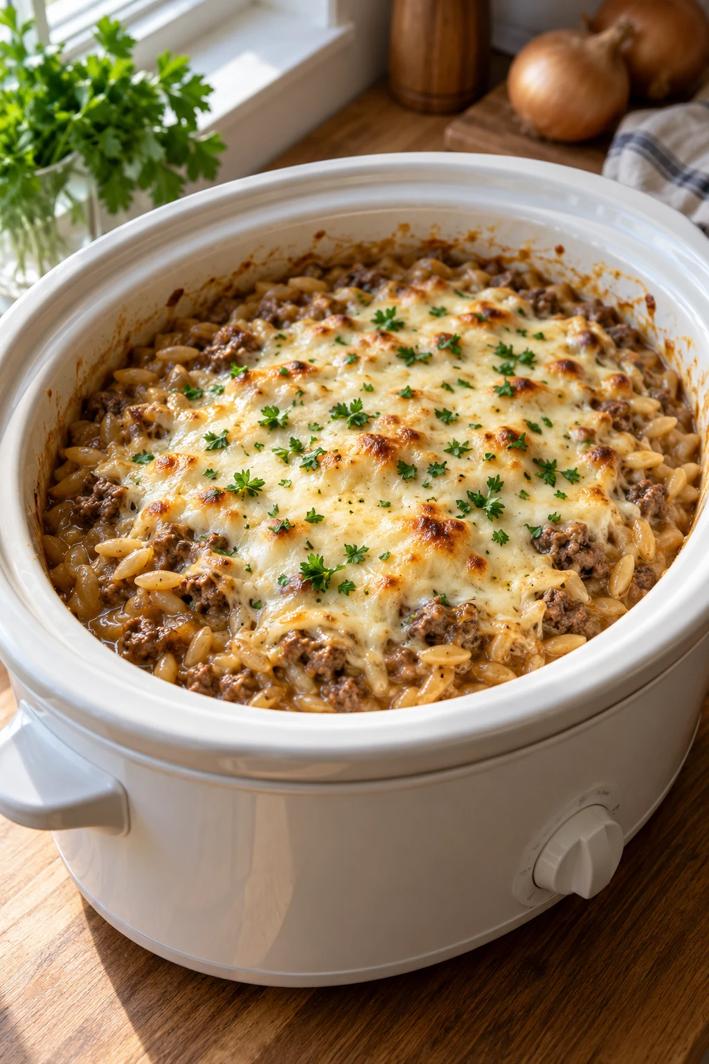 Slow cooker of French onion beef and orzo topped with melted cheese