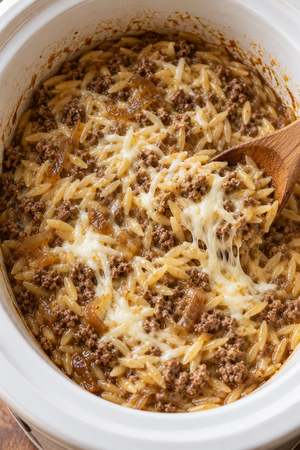 Mozzarella being stirred into cooked beef and orzo in a slow cooker