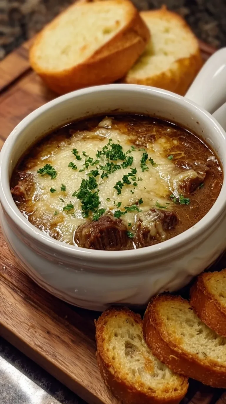 A bowl of French Onion Beef Short Rib Soup topped with melted Gruyère cheese and toasted baguette.