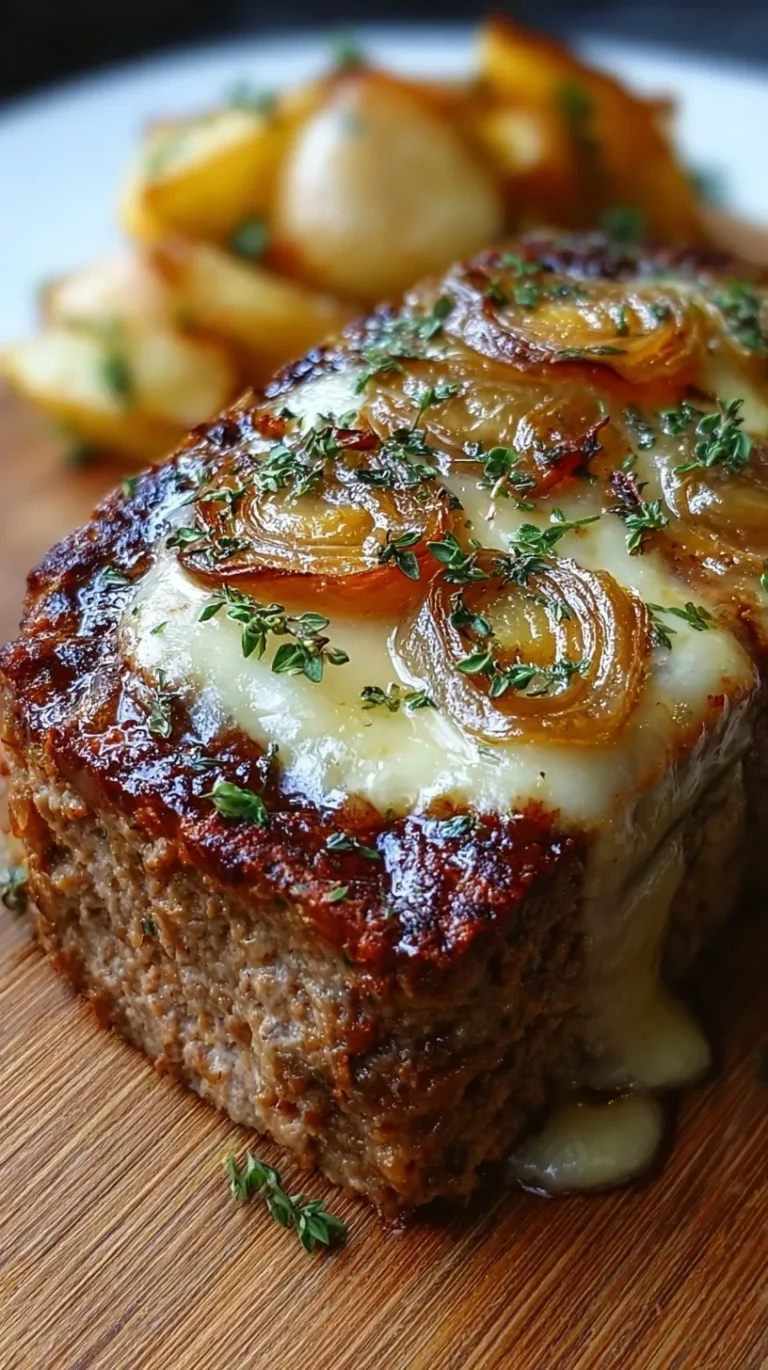 A thick slice of meatloaf showing a melted Gruyere cheese center and caramelized onion glaze.