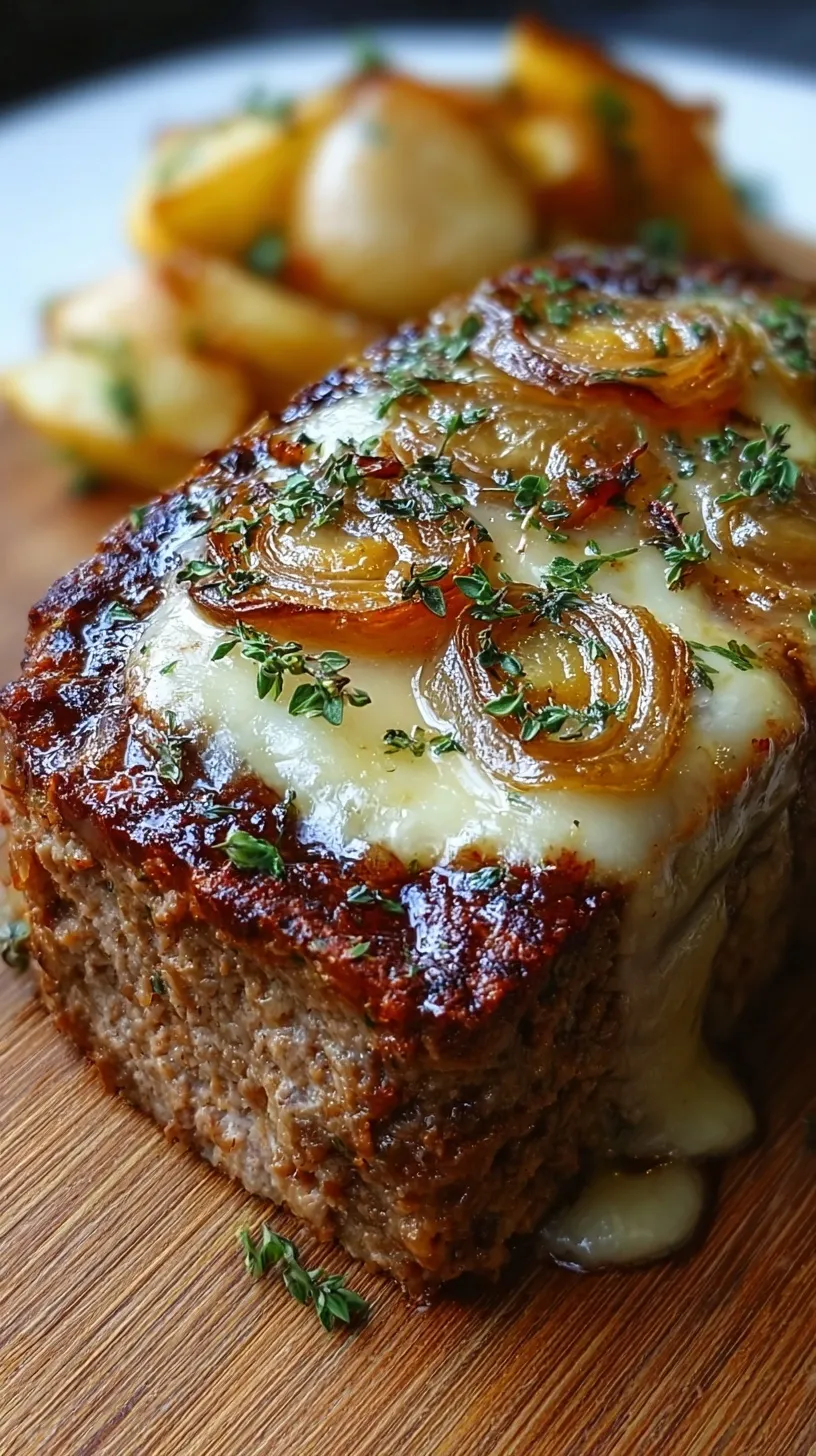 A thick slice of meatloaf showing a melted Gruyere cheese center and caramelized onion glaze.
