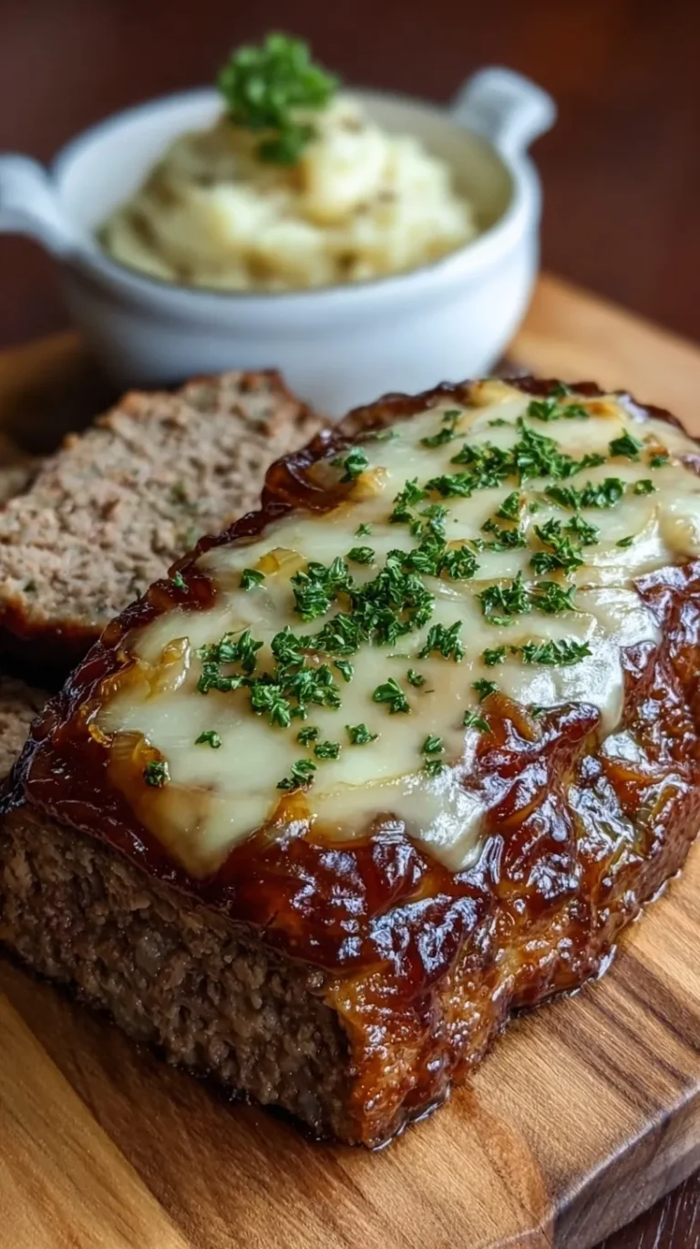 A thick slice of French Onion Meatloaf topped with caramelized onions and melted bubbly Gruyere cheese.