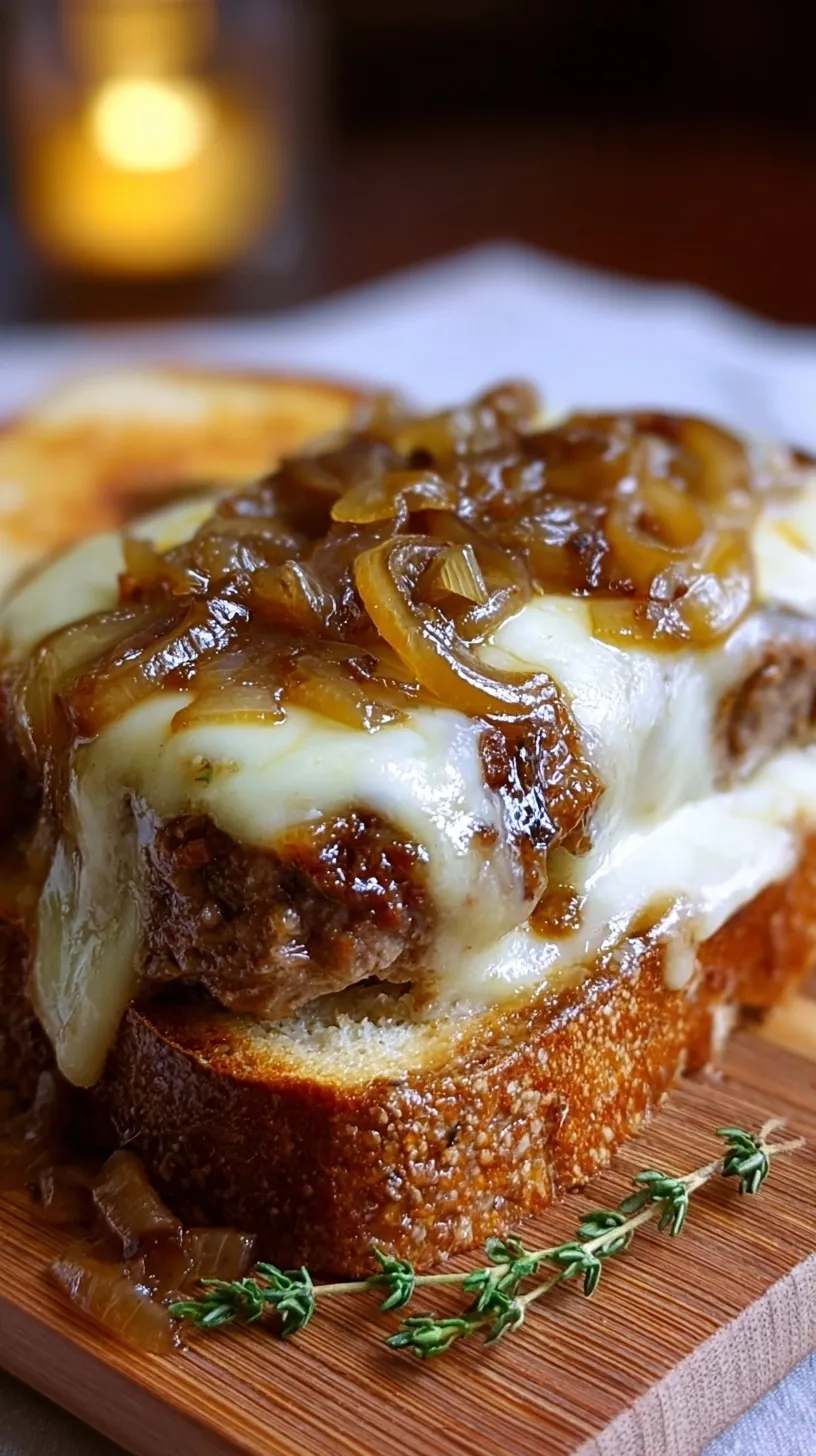 A thick slice of meatloaf topped with caramelized onions and melted Gruyère cheese on a slice of toasted sourdough bread.