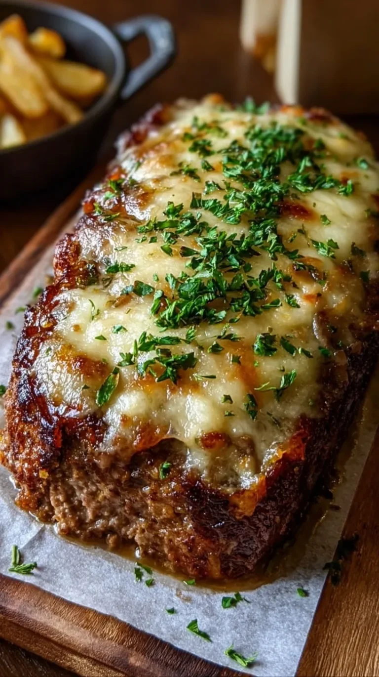 A sliced French Onion Meatloaf topped with caramelized onions and melted Gruyère cheese on a wooden board.