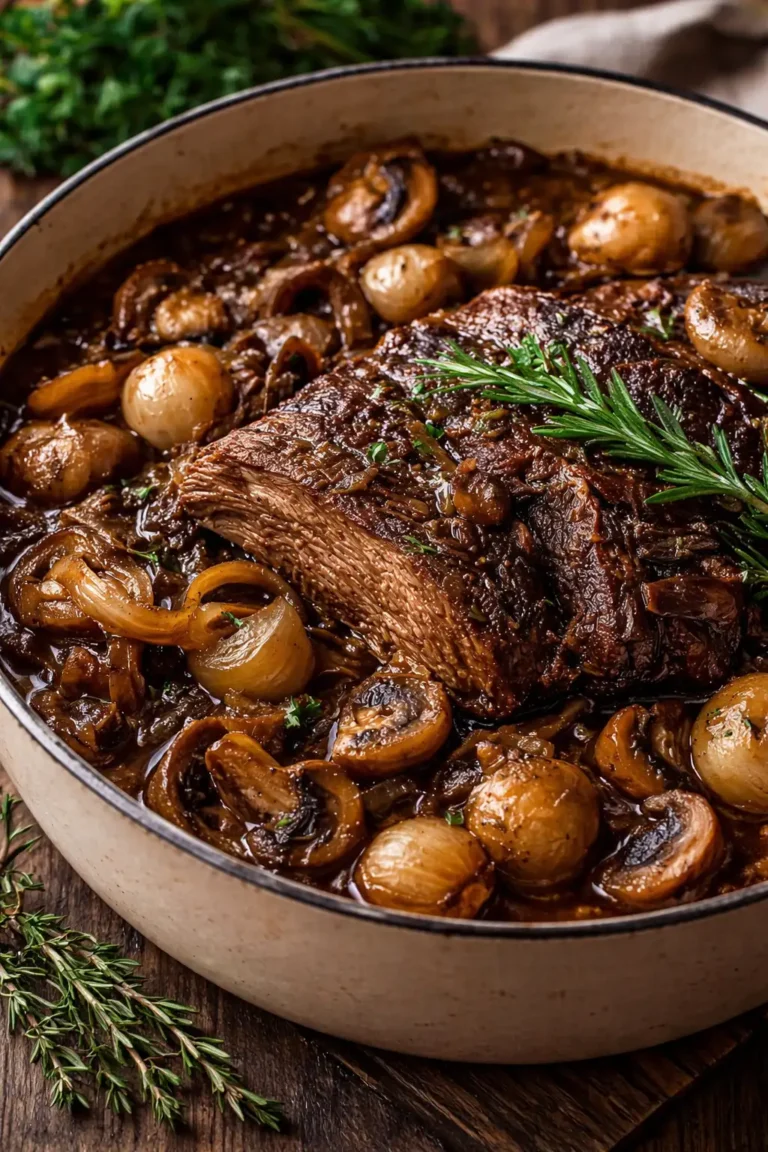 A close-up, vertical shot of a succulent beef chuck roast inside a cream-colored Dutch oven. The meat is fork-tender and surrounded by a thick, dark brown gravy filled with whole sautéed mushrooms and jammy caramelized onions. A fresh sprig of green rosemary sits on top of the roast, with more herbs scattered on the dark wooden table nearby.