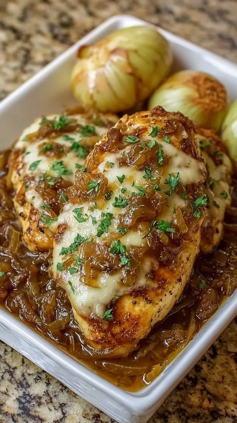 Golden brown French Onion Baked Chicken topped with melted Gruyère and caramelized onions in a skillet.