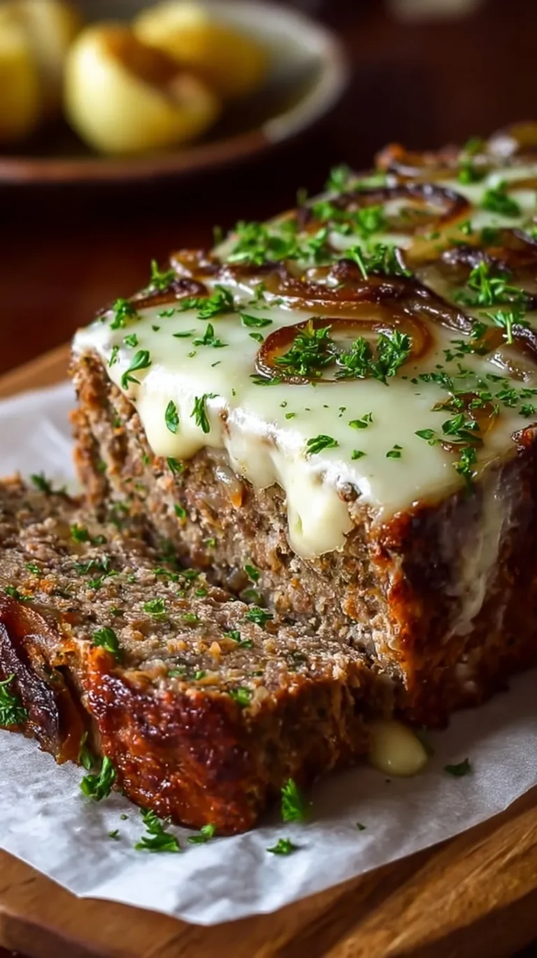 A sliced French Onion Meatloaf showing a melted Gruyère cheese and caramelized onion center on a wooden board.