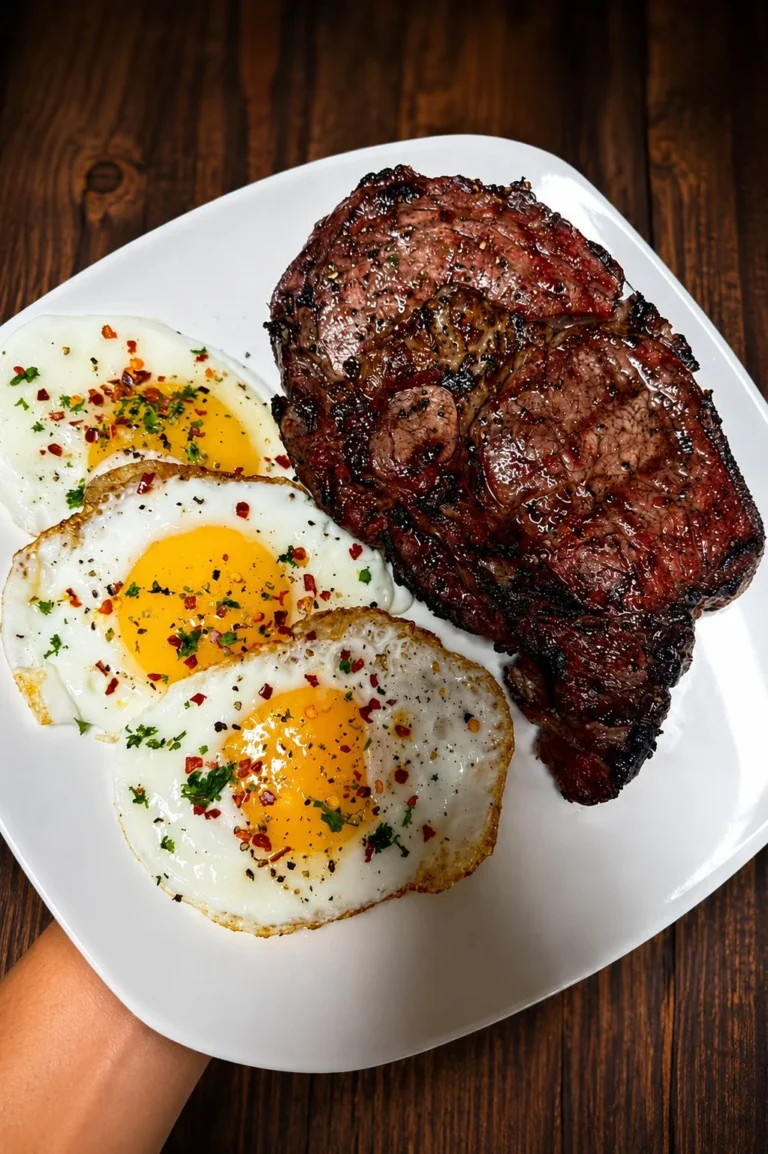 Delicious fried eggs served alongside a juicy ribeye steak.