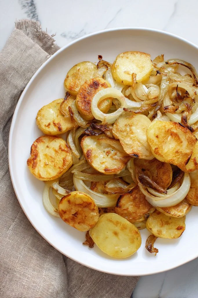 Crispy fried potatoes and onions served on a plate