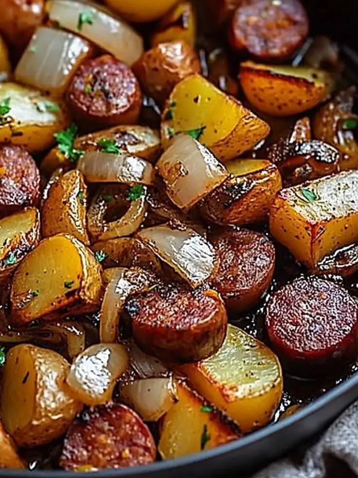 Skillet fried potatoes and smoked sausage with crispy edges and caramelized onions in a cast iron pan