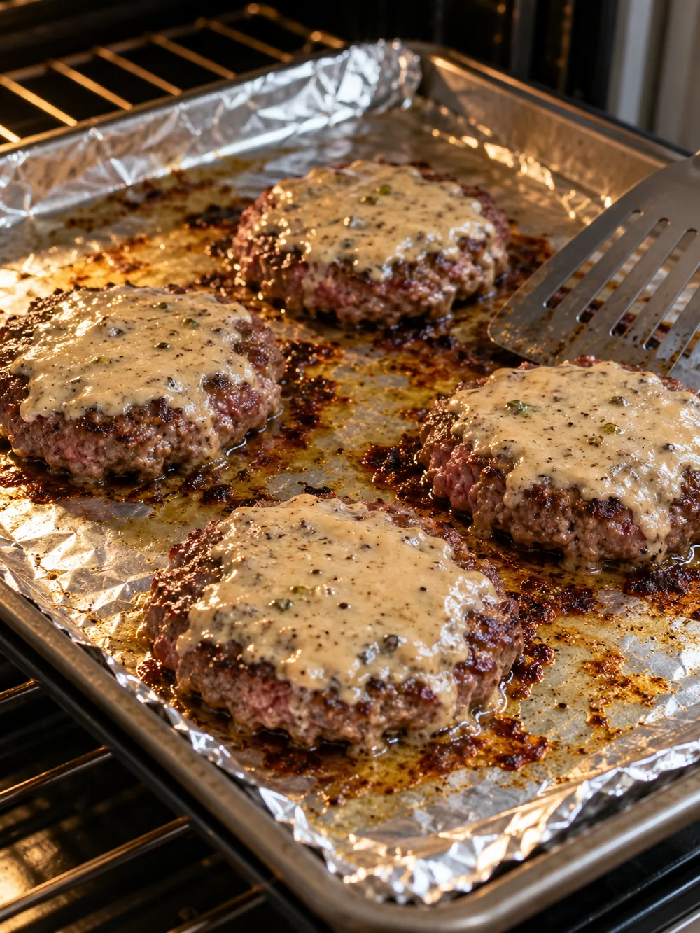 Beef burger patties with creamy sauce baking on a foil lined sheet pan