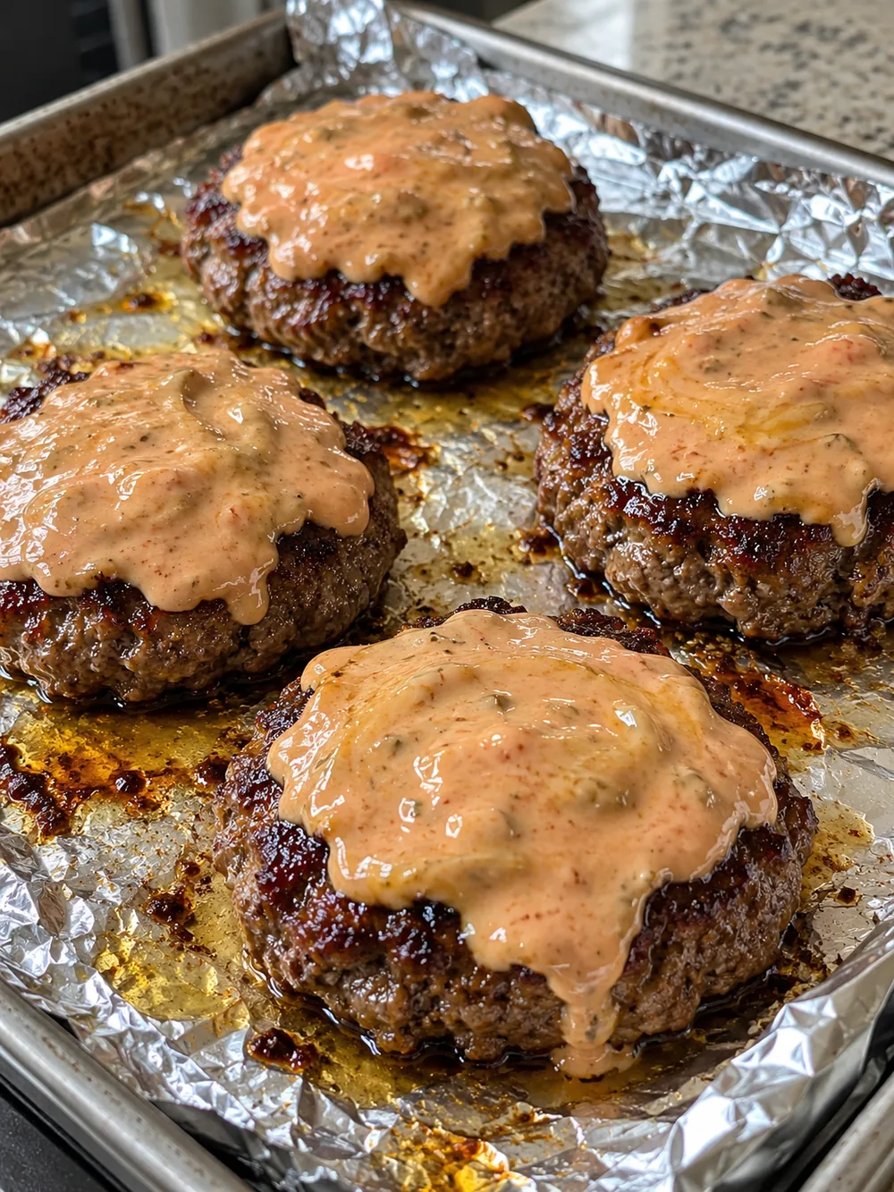 Four oven baked beef burger patties topped with creamy sauce on a foil lined baking sheet