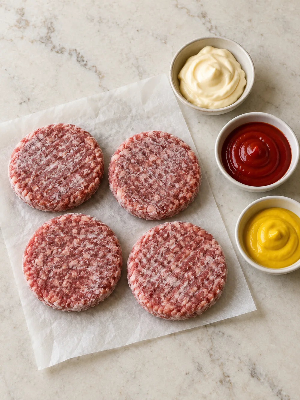 Frozen beef patties, mayonnaise, ketchup and yellow mustard arranged on a kitchen counter