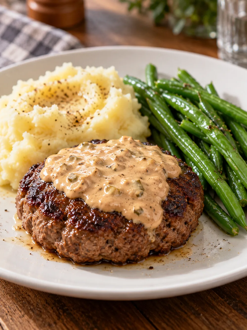 Saucy baked beef burger patty served with mashed potatoes and green beans