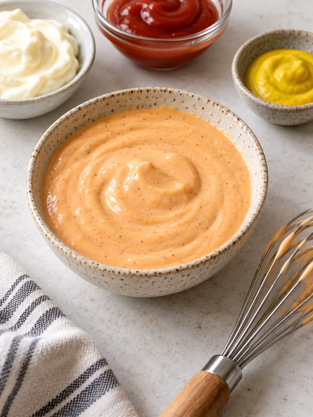 Creamy mayonnaise ketchup and mustard burger sauce in a small bowl with a whisk