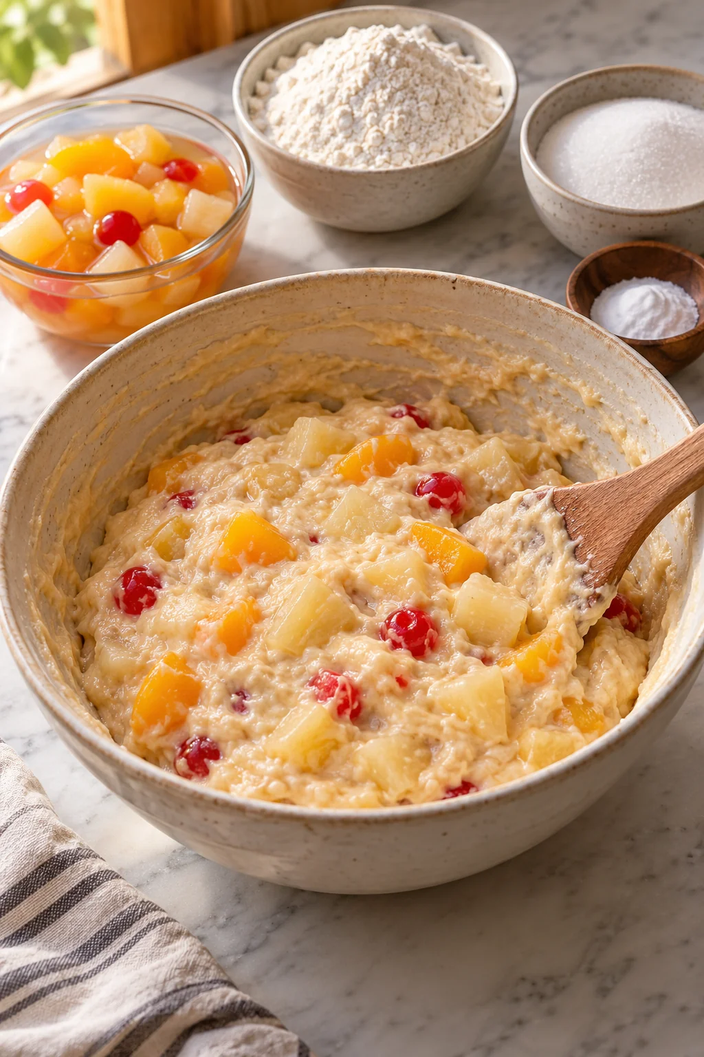 Fruit cocktail cake batter with fruit pieces in a mixing bowl