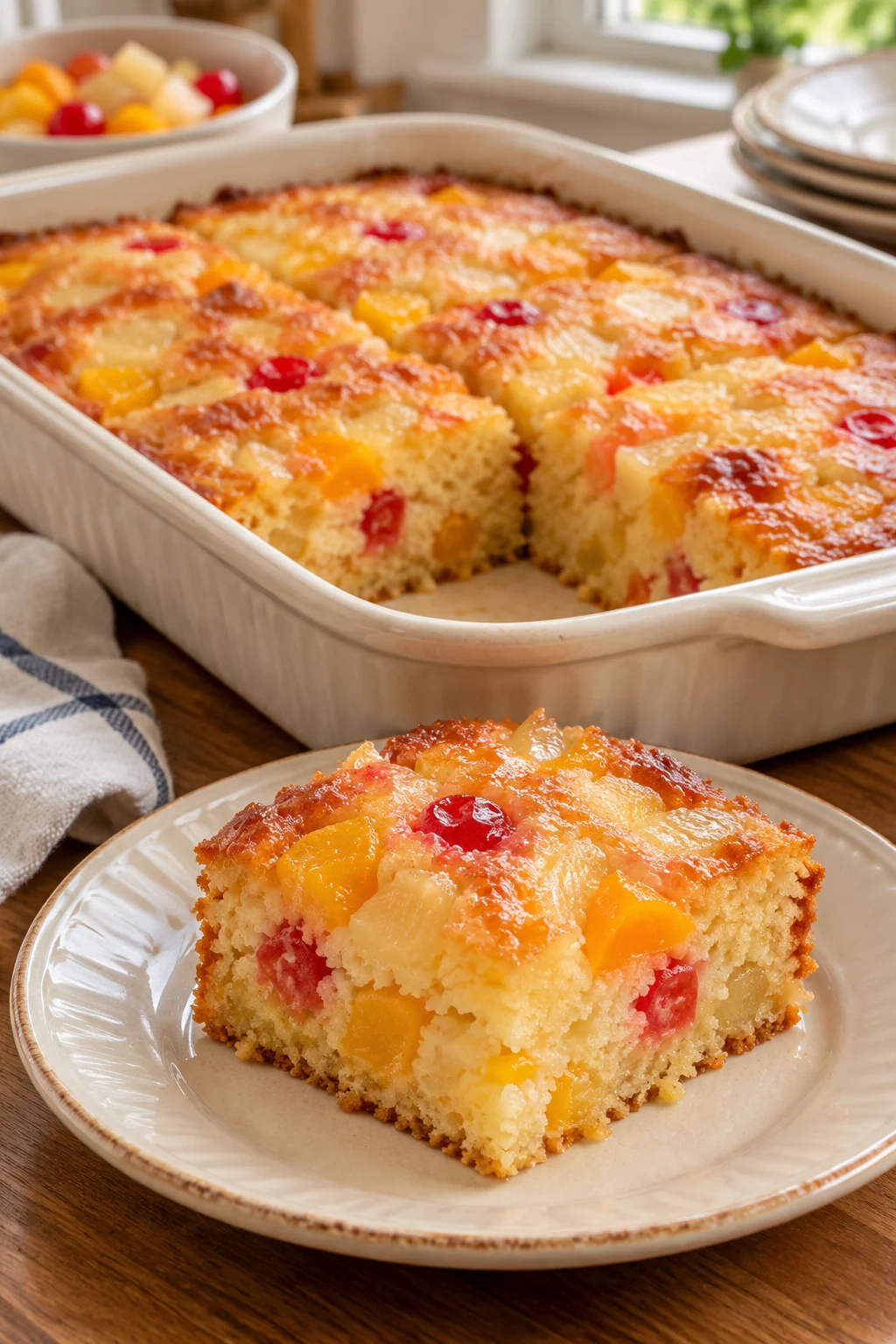 Old-fashioned fruit cocktail cake cut into squares in a baking dish
