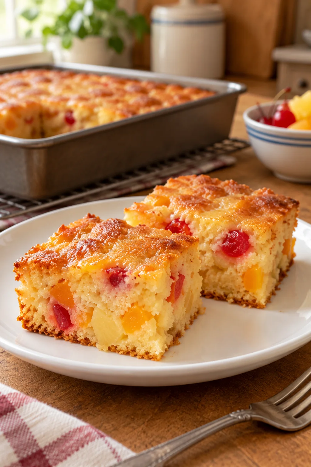 Two slices of old-fashioned fruit cocktail cake on a dessert plate