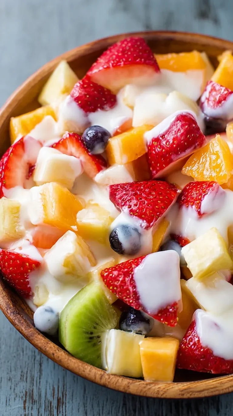 A vibrant bowl of fresh strawberries, blueberries, pineapple, and kiwi coated in a creamy white yogurt sauce with mint garnish.