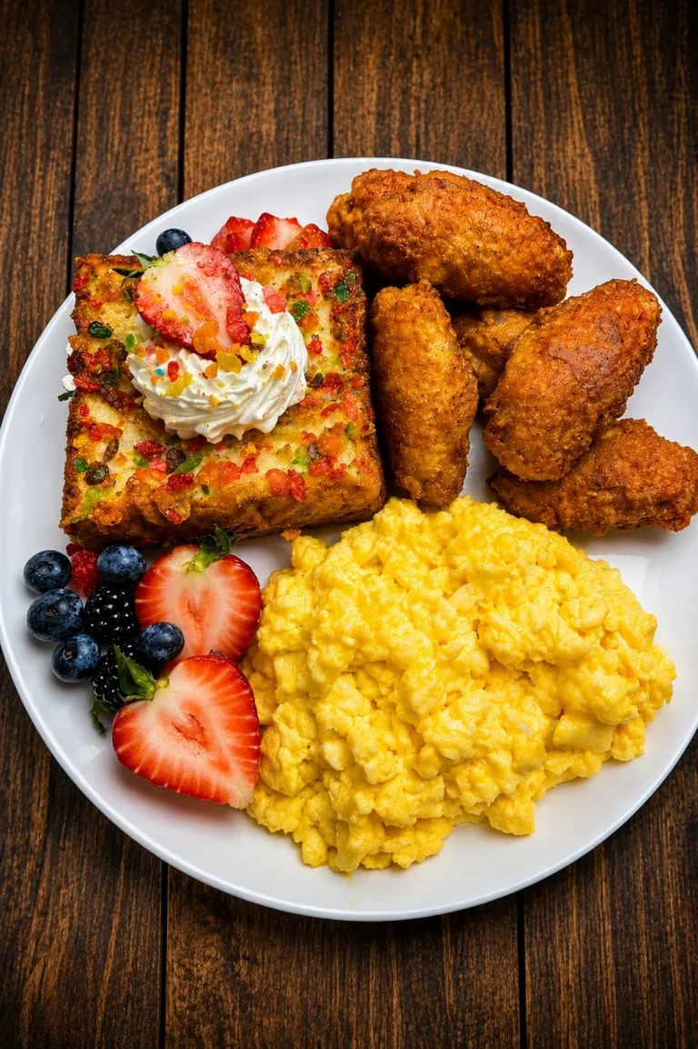 Fruity Pebbles French Toast served with spicy fried wings and cheesy scrambled eggs.