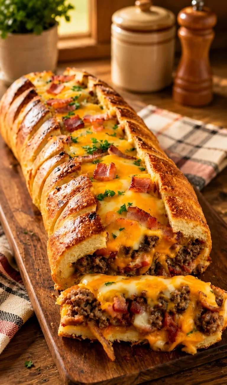 Freshly baked Garbage Bread loaf filled with assorted leftover ingredients.