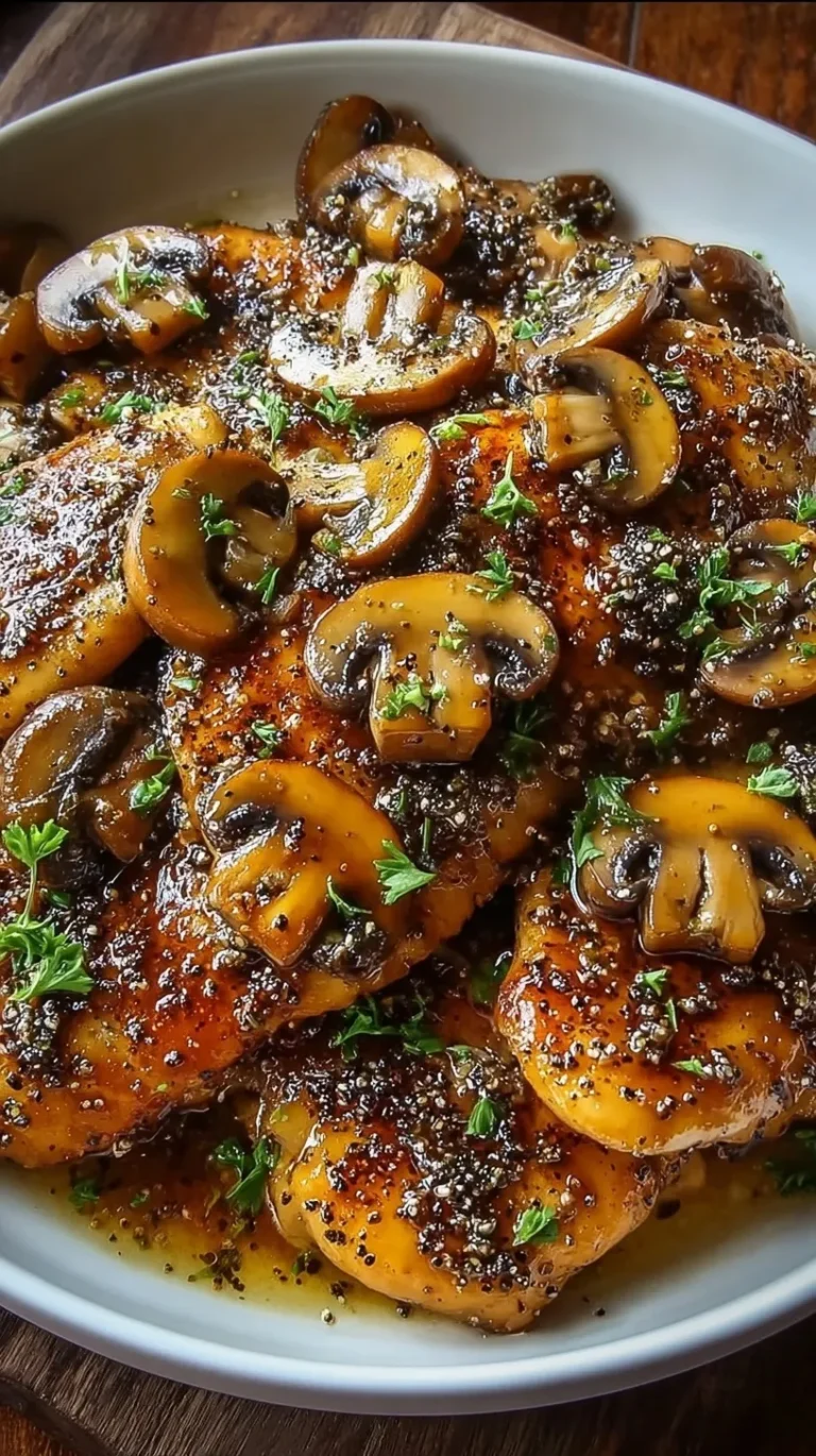 A glossy stir-fry of chicken pieces and sliced mushrooms in a dark peppery sauce.