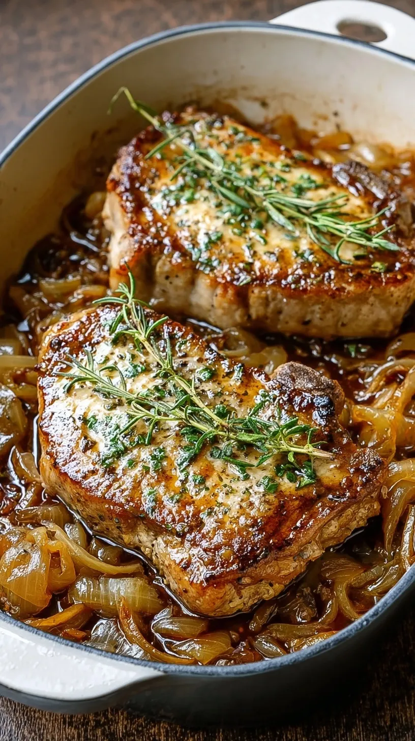 Oven-baked pork chops topped with golden caramelized onions and melted garlic butter in a cast iron skillet.