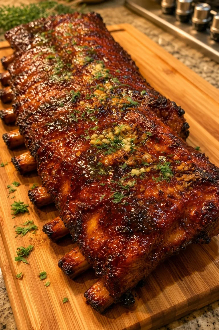 Delicious garlic butter BBQ ribs sizzling on the grill.