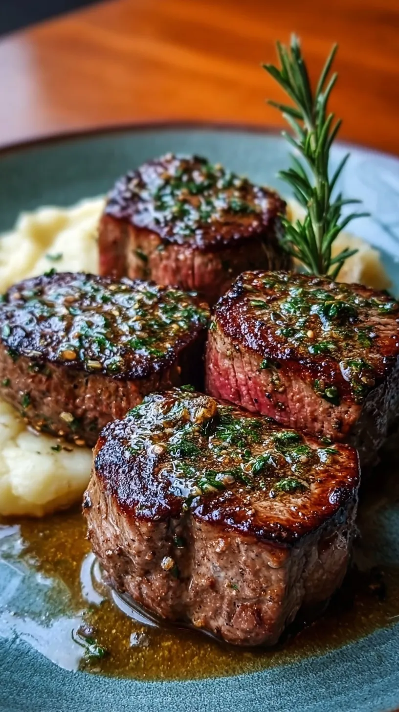 Pan-seared beef medallions basted in foaming garlic herb butter in a cast iron skillet.