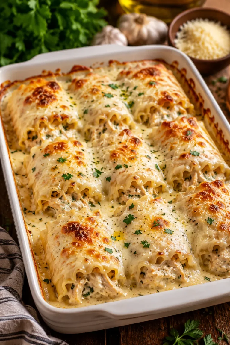 Garlic Butter Chicken Lasagna Roll-Ups baked with Alfredo sauce, mozzarella cheese, Parmesan, and shredded chicken.