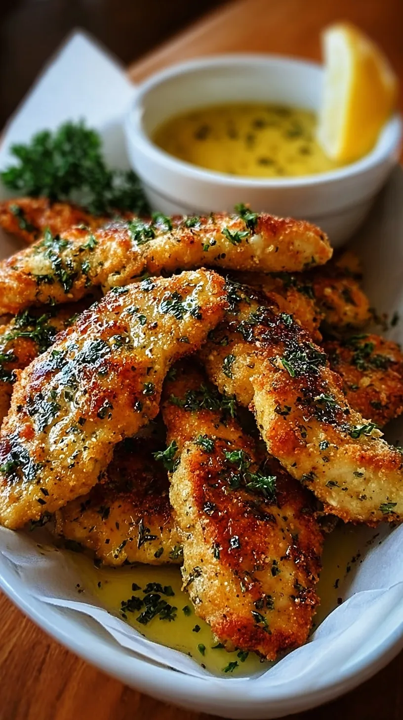 Golden brown garlic butter chicken tenders in a skillet with fresh parsley