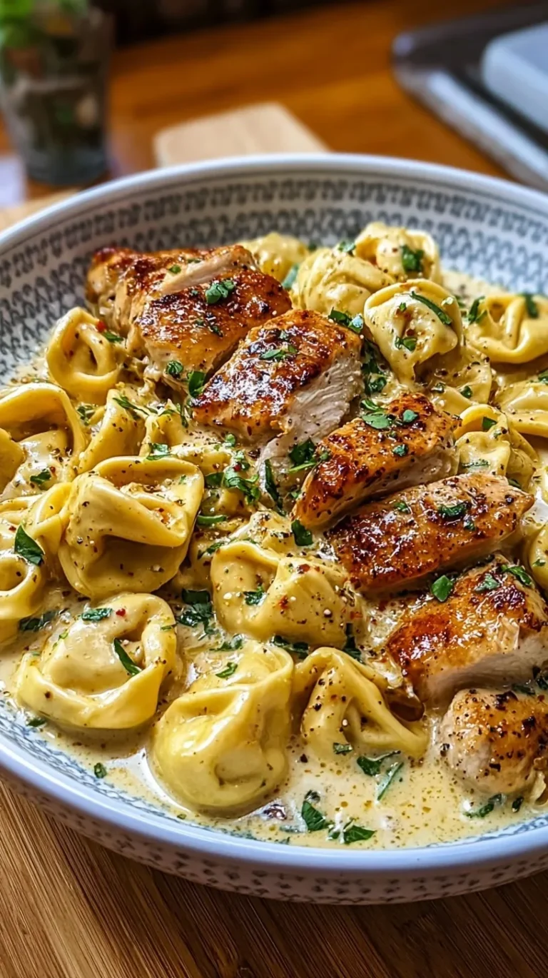 A skillet filled with creamy garlic butter chicken tortellini topped with fresh parsley and parmesan.