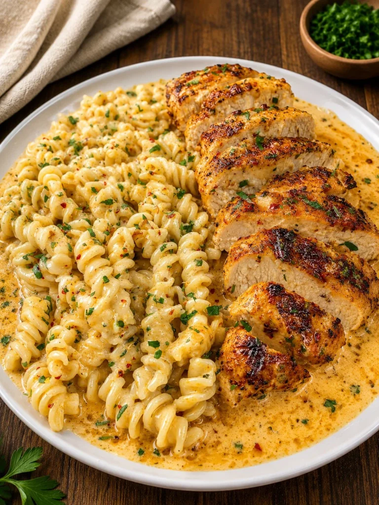 Garlic Butter Chicken with Twisted Pasta in Creamy Parmesan Sauce