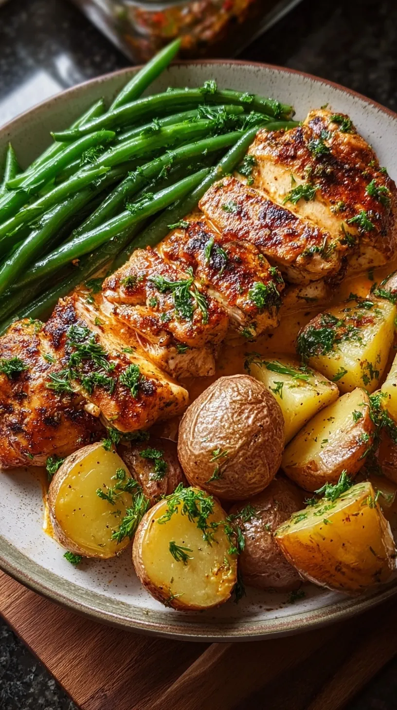 Golden seared chicken strips with roasted potatoes and green beans on a sheet pan drizzled with garlic butter.