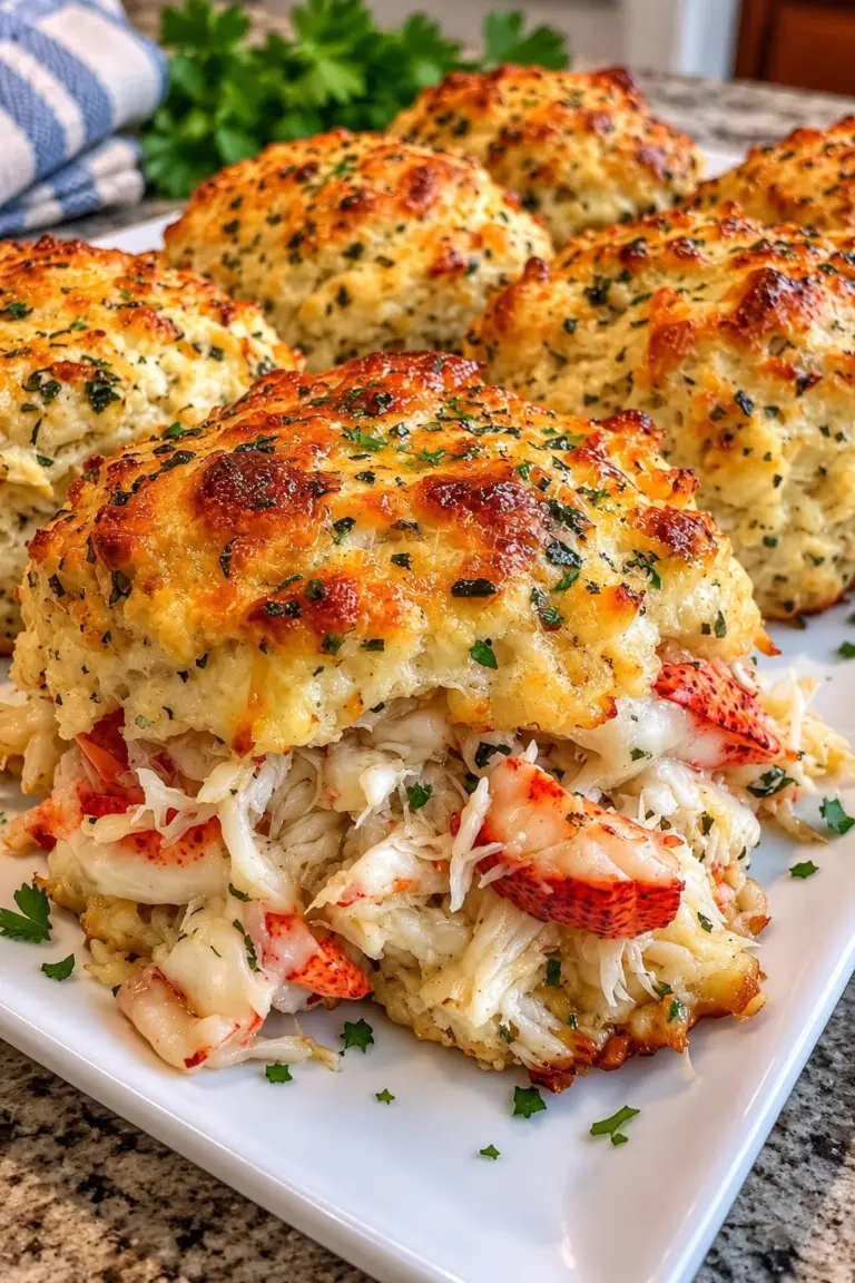 Delicious garlic butter crab stuffed biscuits ready to serve.
