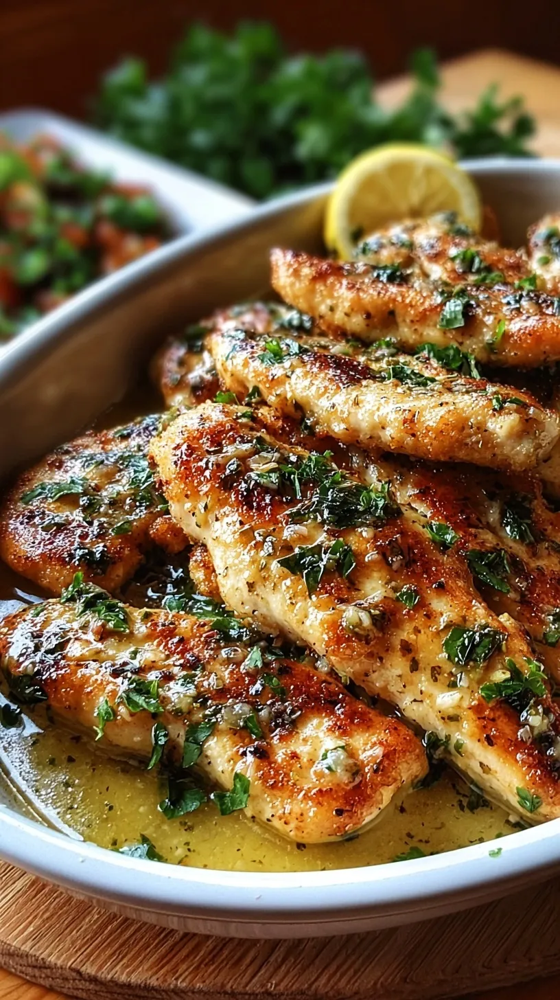 Pan-seared chicken tenders coated in a glossy garlic butter and lemon sauce with fresh parsley.