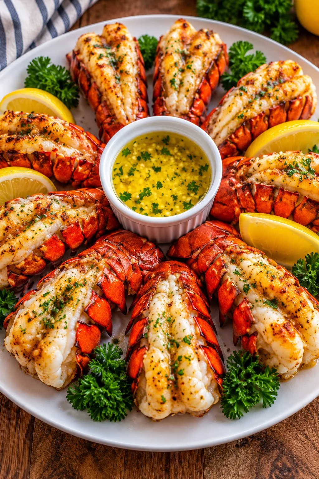 Garlic butter lobster tail platter garnished with herbs and lemon