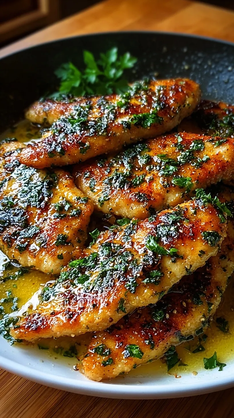 Golden brown pan-seared chicken cutlets drizzled with a glossy garlic butter sauce and fresh parsley.