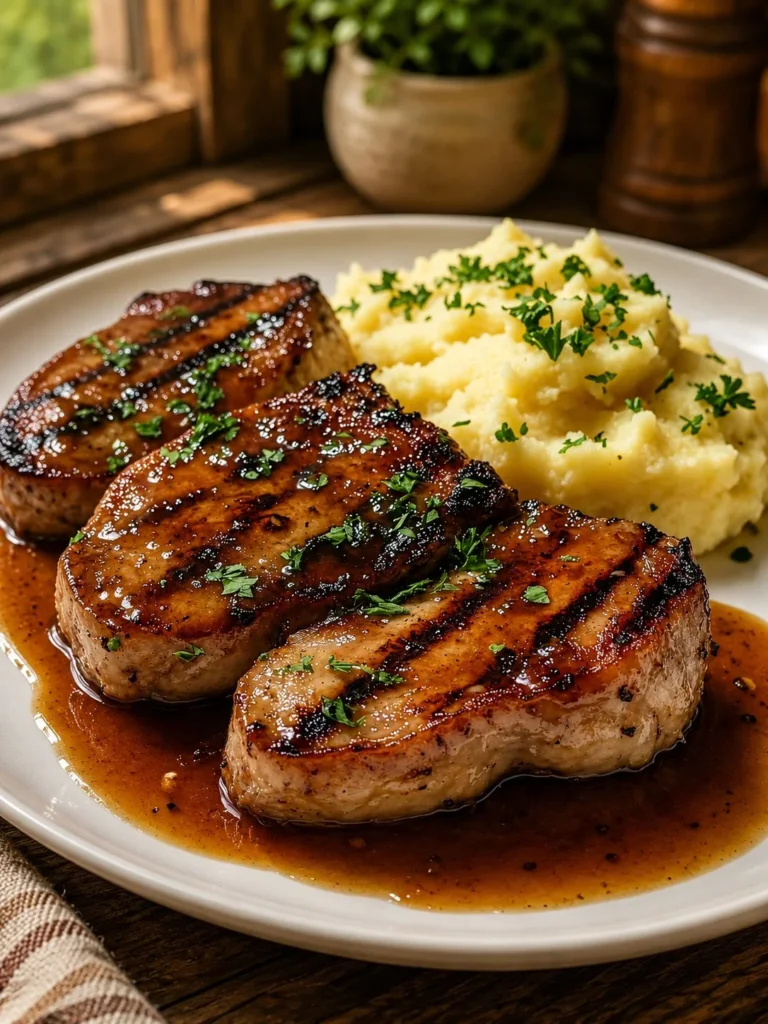 Garlic butter pork chops served with creamy mashed potatoes on a plate
