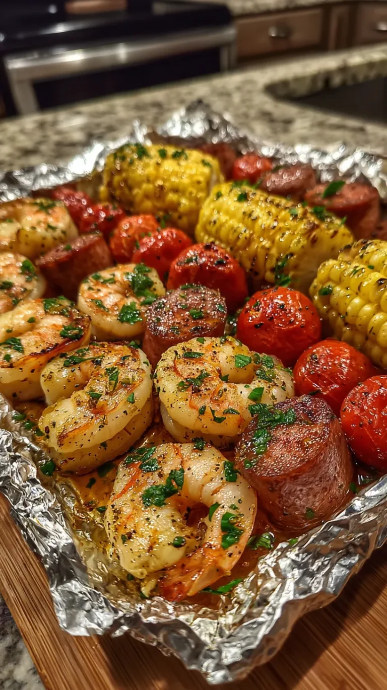 A vertical, high-angle close-up of a seafood foil bake. The dish is presented on a sheet of crinkled aluminum foil and features large, succulent seared shrimp, thick rounds of smoky browned sausage, bright yellow sweet corn medallions, and roasted red cherry tomatoes. The entire meal is glistening with melted garlic butter and generously garnished with freshly chopped green parsley.