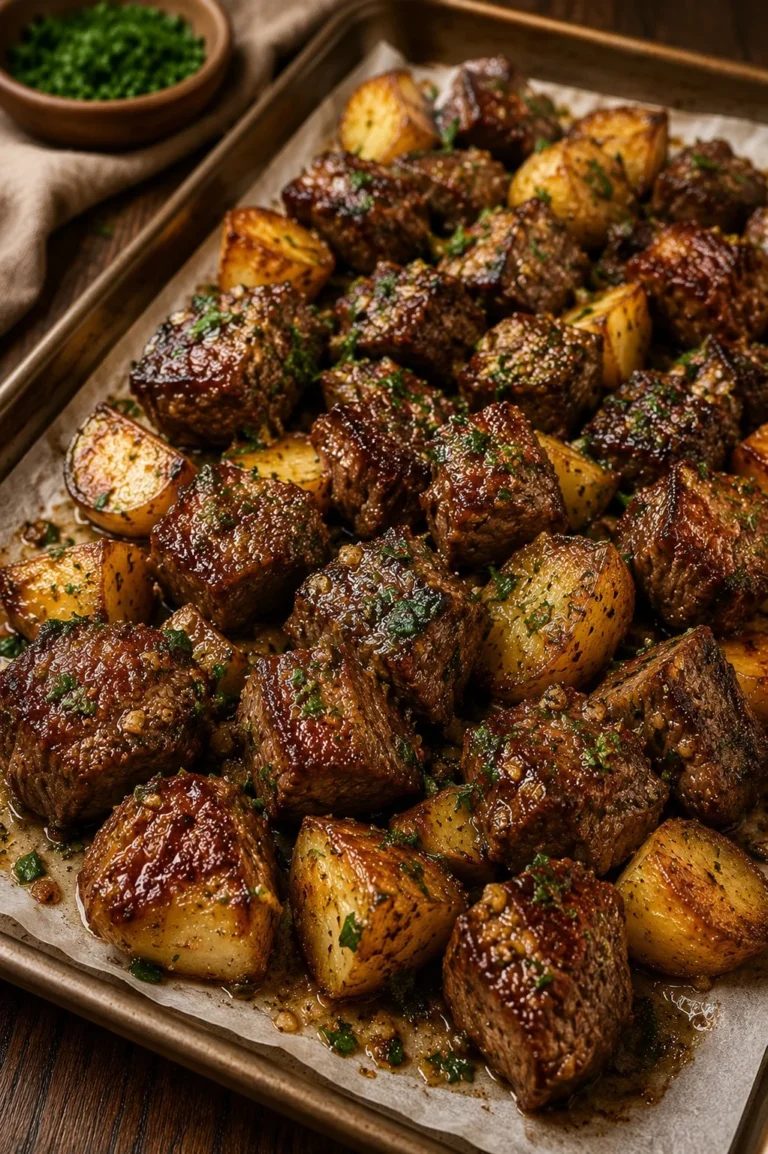 Plate of garlic butter steak bites served with crispy potatoes.