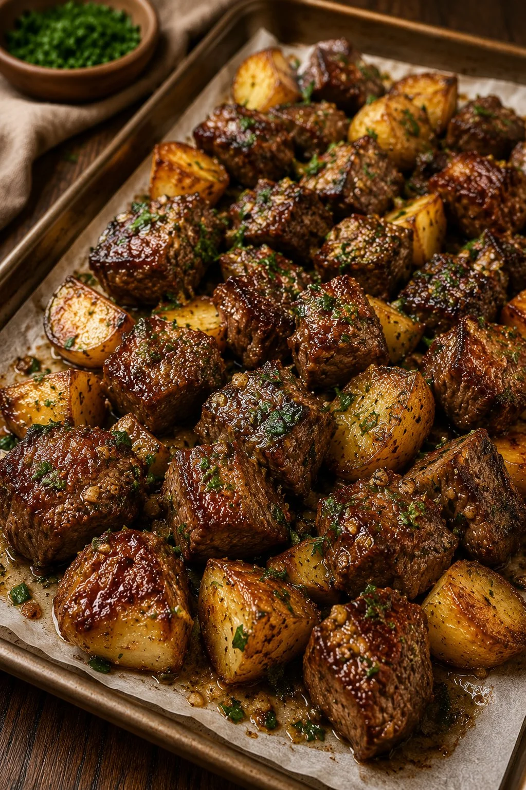 Plate of garlic butter steak bites served with crispy potatoes.