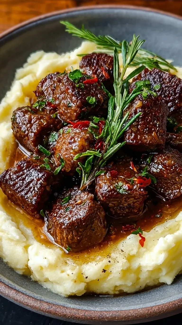 Pan-seared garlic butter steak bites served over a bed of creamy mashed potatoes with fresh parsley garnish.