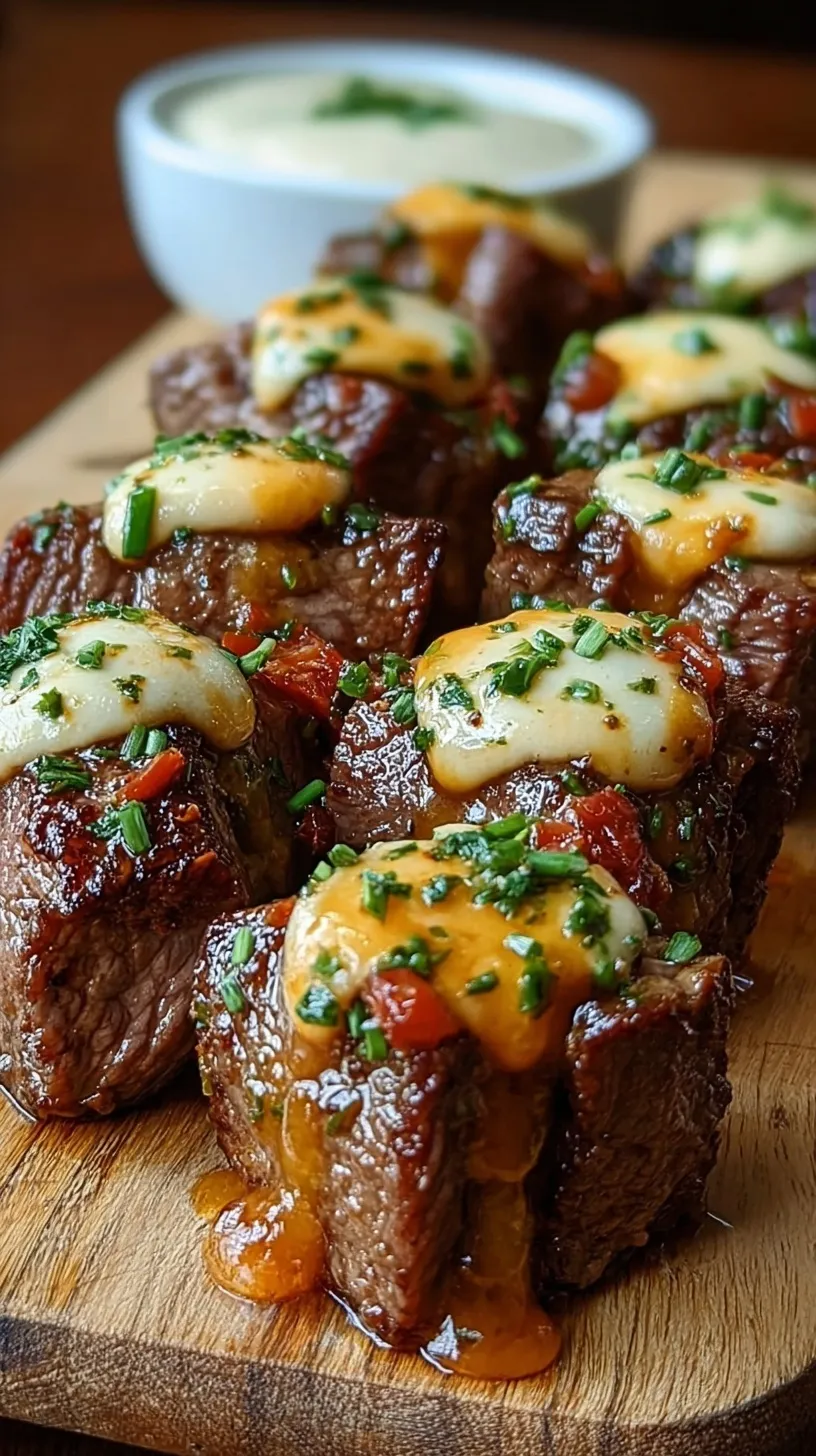 Sizzling steak bites in a cast iron skillet topped with melted cheddar cheese and garlic butter sauce.