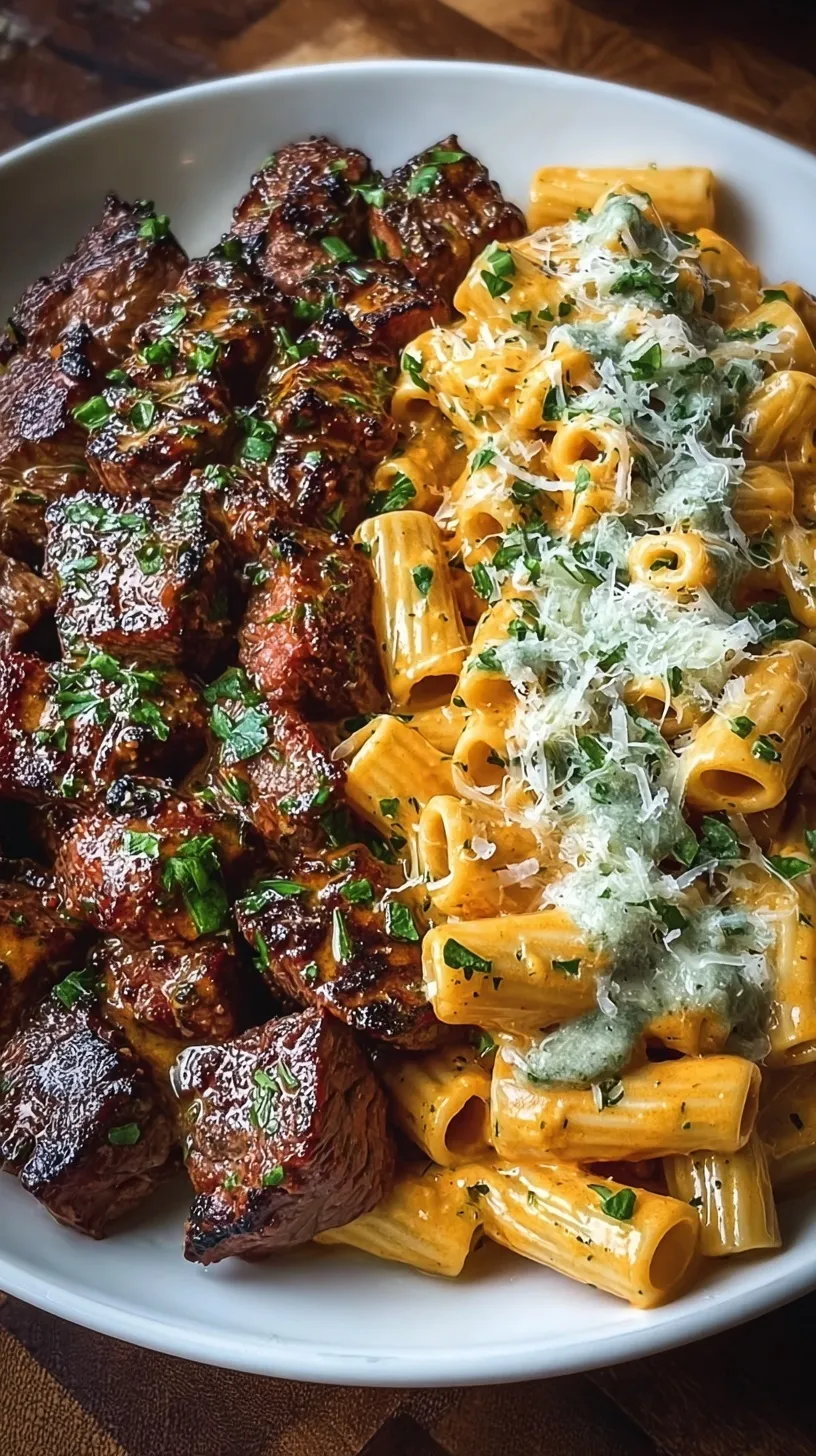 Skillet of Garlic Butter Steak Bites and cheesy rigatoni pasta