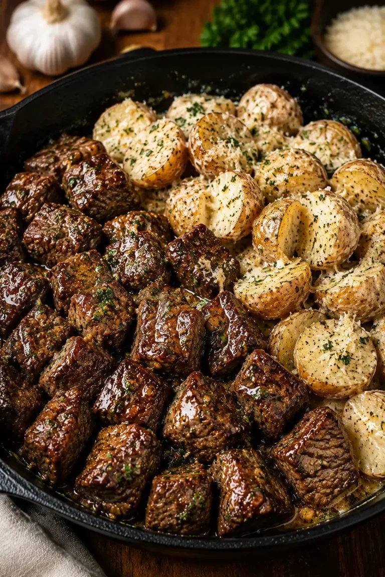 Delicious garlic butter steak bites served with creamy parmesan ranch potatoes