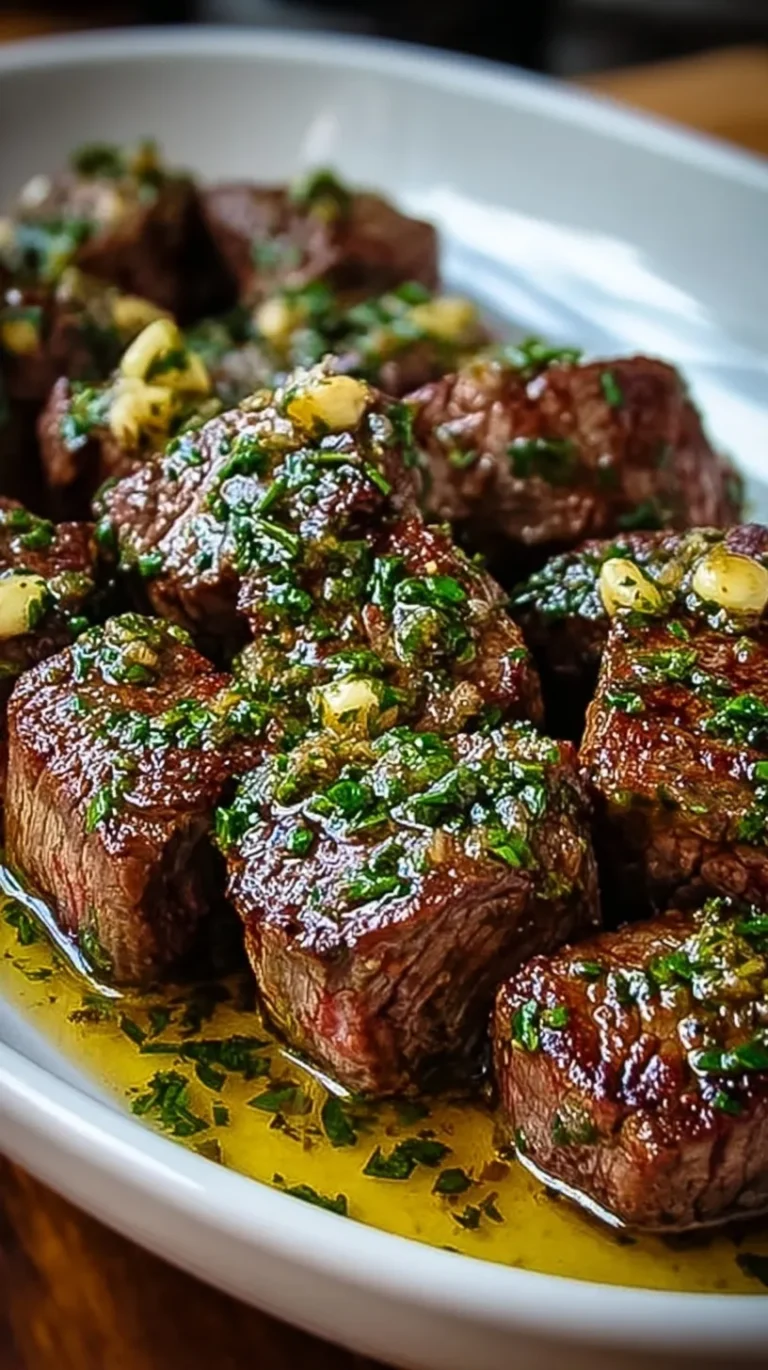 Seared steak cubes in a cast iron skillet with garlic butter and fresh herbs